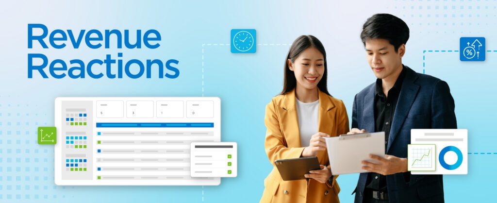 Banner graphic with the text "Revenue Reactions" and decorative imagery